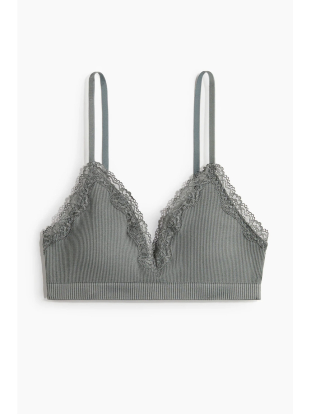 H&M Gray Green Ribbed Lace Trim Bralette Medium